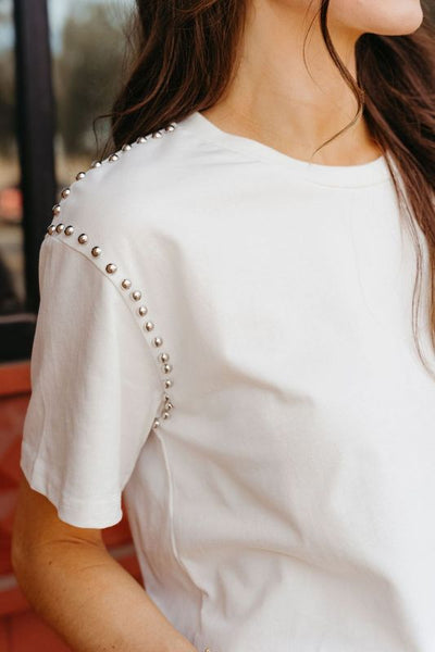 White Cotton Studded Short Sleeve Crop Tee 31207T - Southern Soule Designs