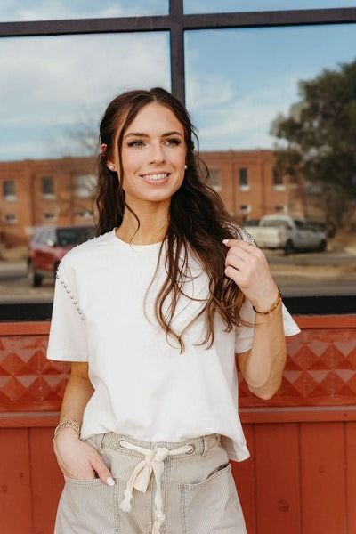 White Cotton Studded Short Sleeve Crop Tee 31207T - Southern Soule Designs