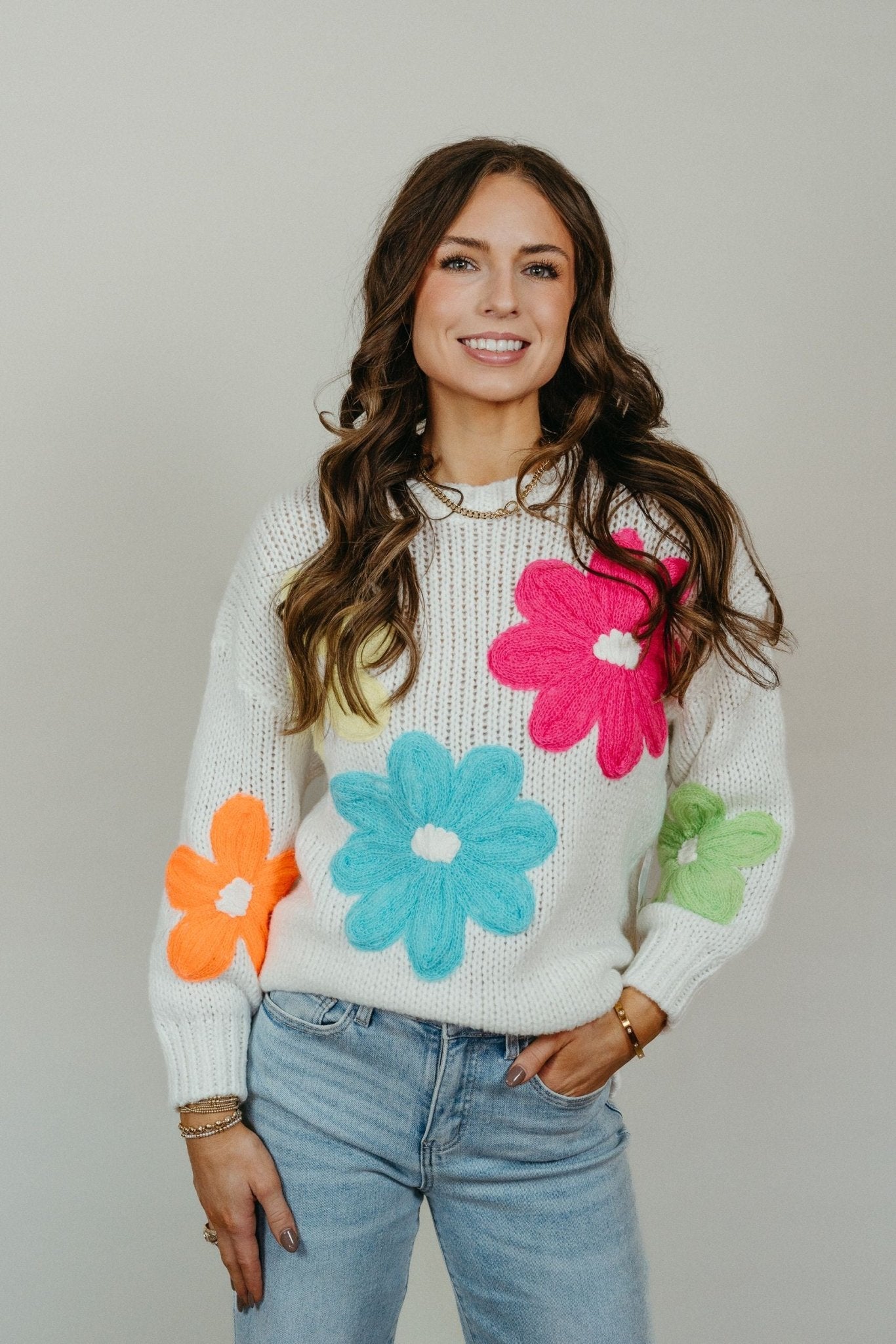 White Floral Stitched Sweater - Southern Soule Designs