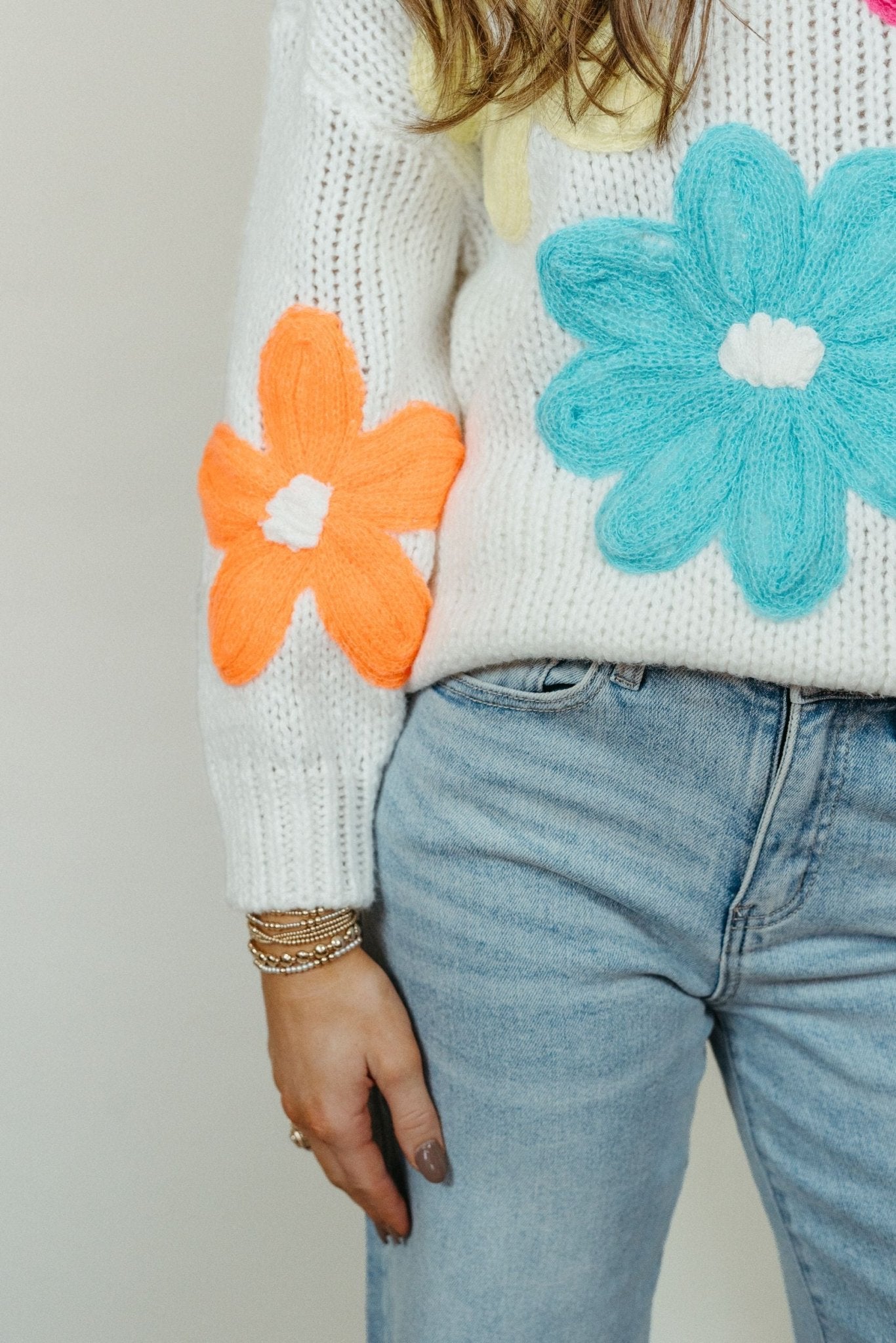 White Floral Stitched Sweater - Southern Soule Designs