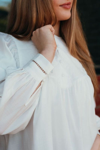 White Lace Trim Long Sleeve Blouse CT8802 - Southern Soule Designs