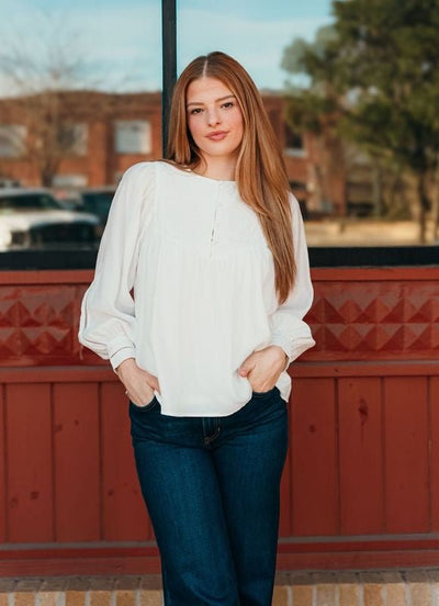 White Lace Trim Long Sleeve Blouse CT8802 - Southern Soule Designs