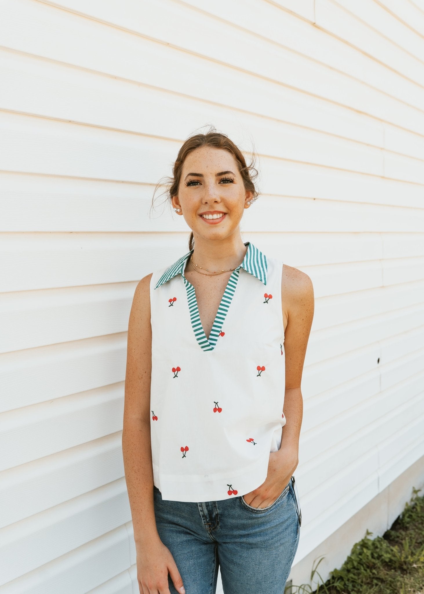 White Sleeveless Top with Cherries MTP3591 - Southern Soule Designs