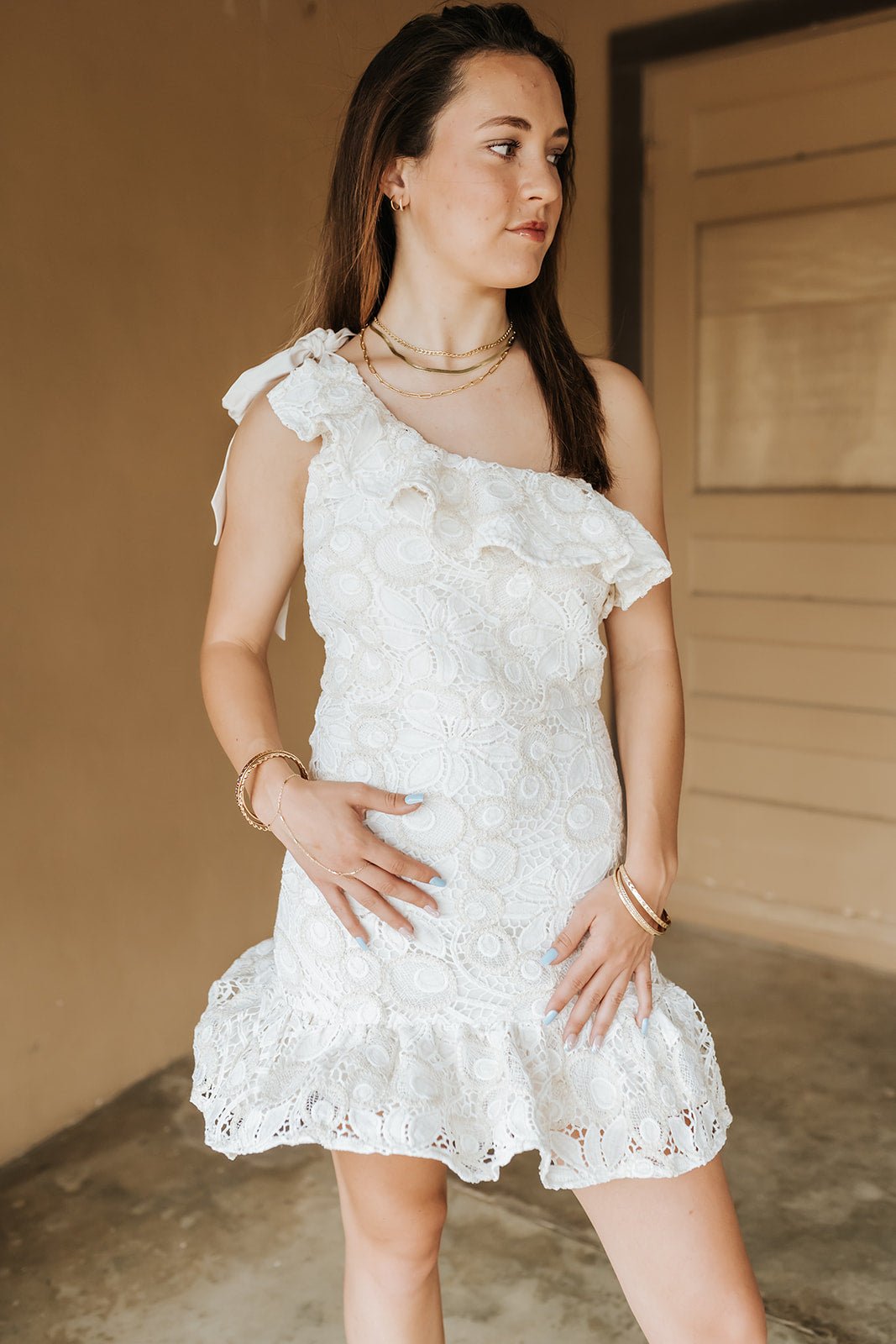 White/Beige One - Shoulder Mini Dress JMD17937 - Southern Soule Designs