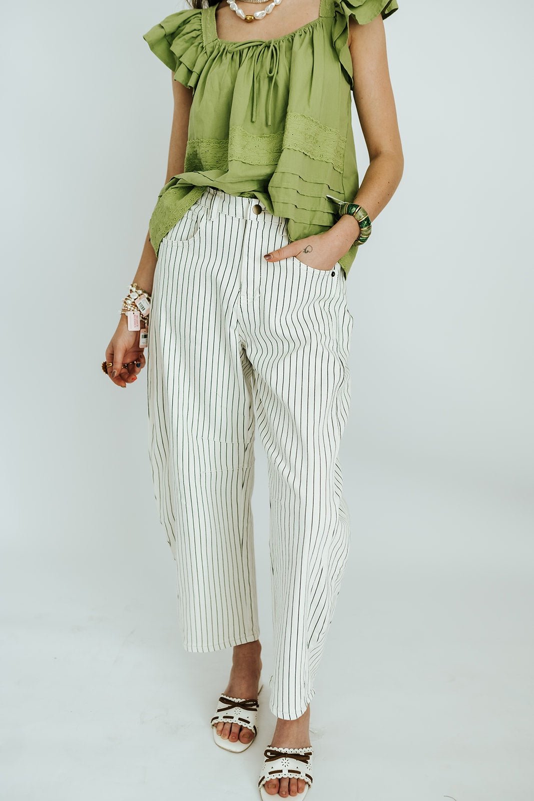 White/Black Pinstripe Barrel Pants P6184 - Southern Soule Designs