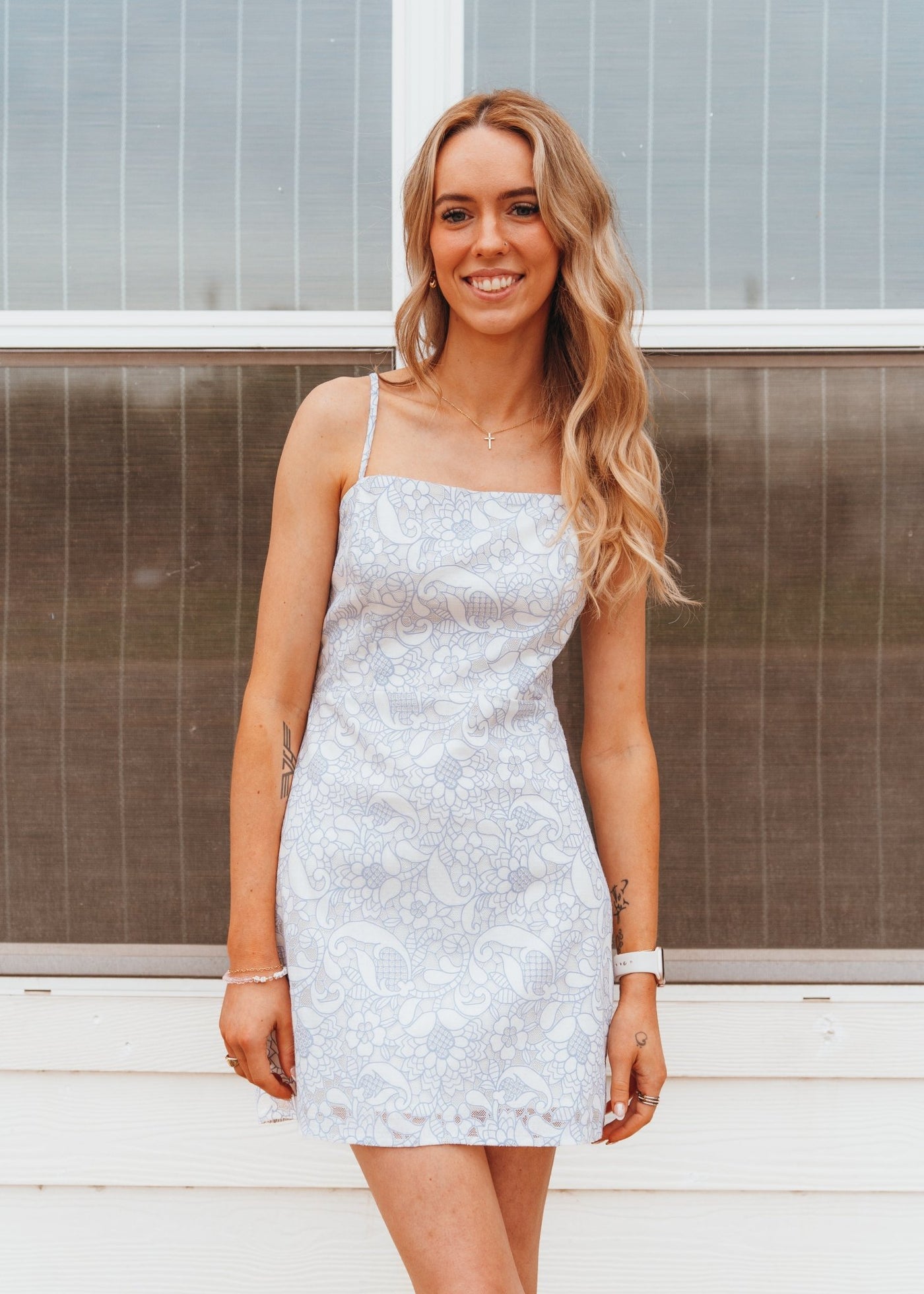 White/Blue Floral Mini Dress JD7653 - Southern Soule Designs