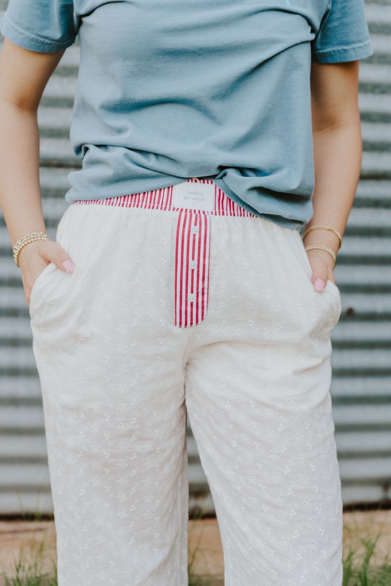 White/Red Eyelet Stripe Pants TBP13714 - Southern Soule Designs