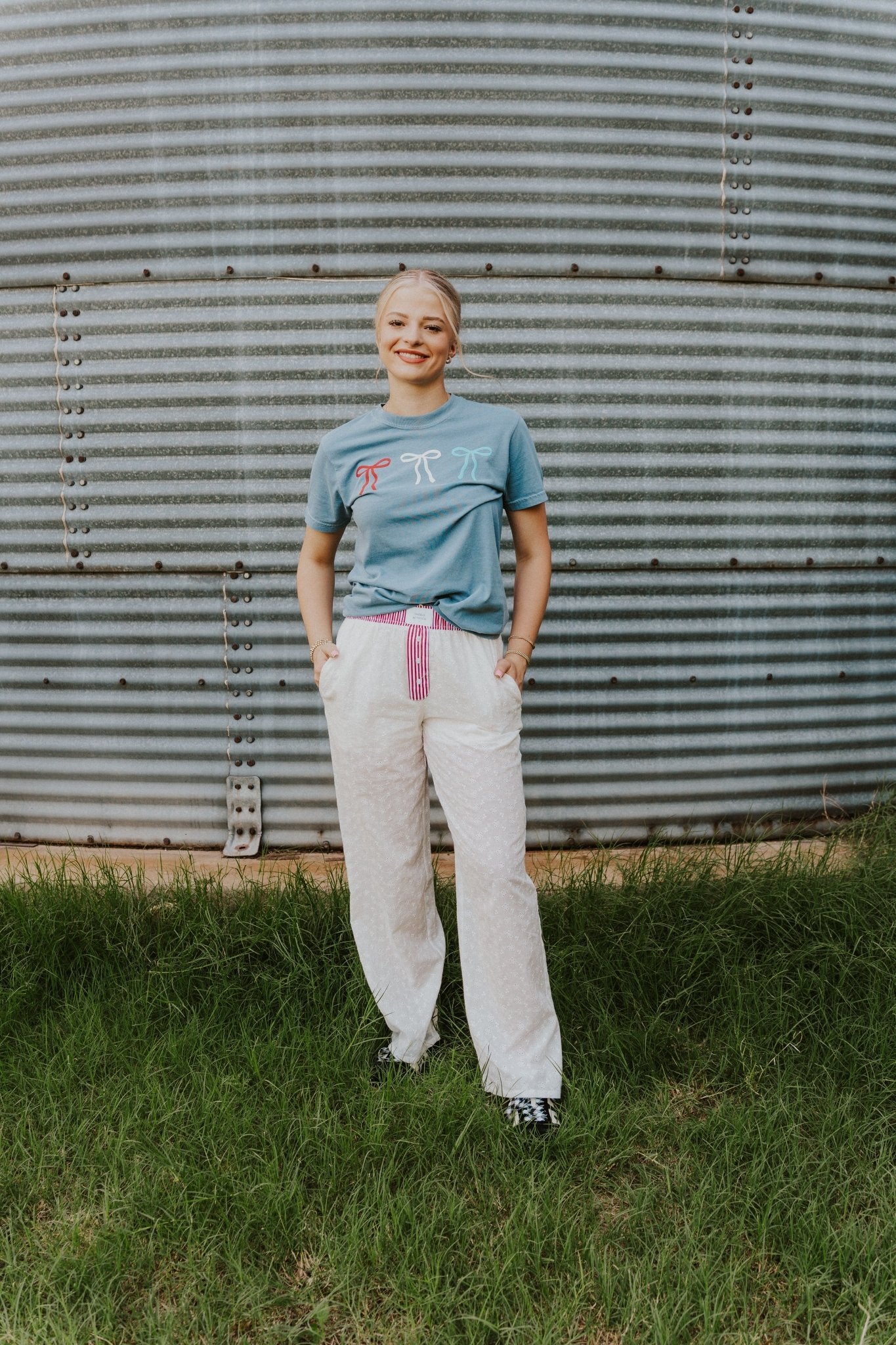 White/Red Eyelet Stripe Pants TBP13714 - Southern Soule Designs