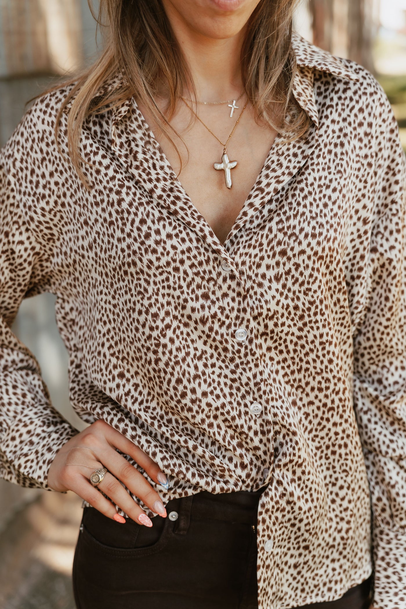 Cream Brown Animal Print Button-Up Top BRT3219-3