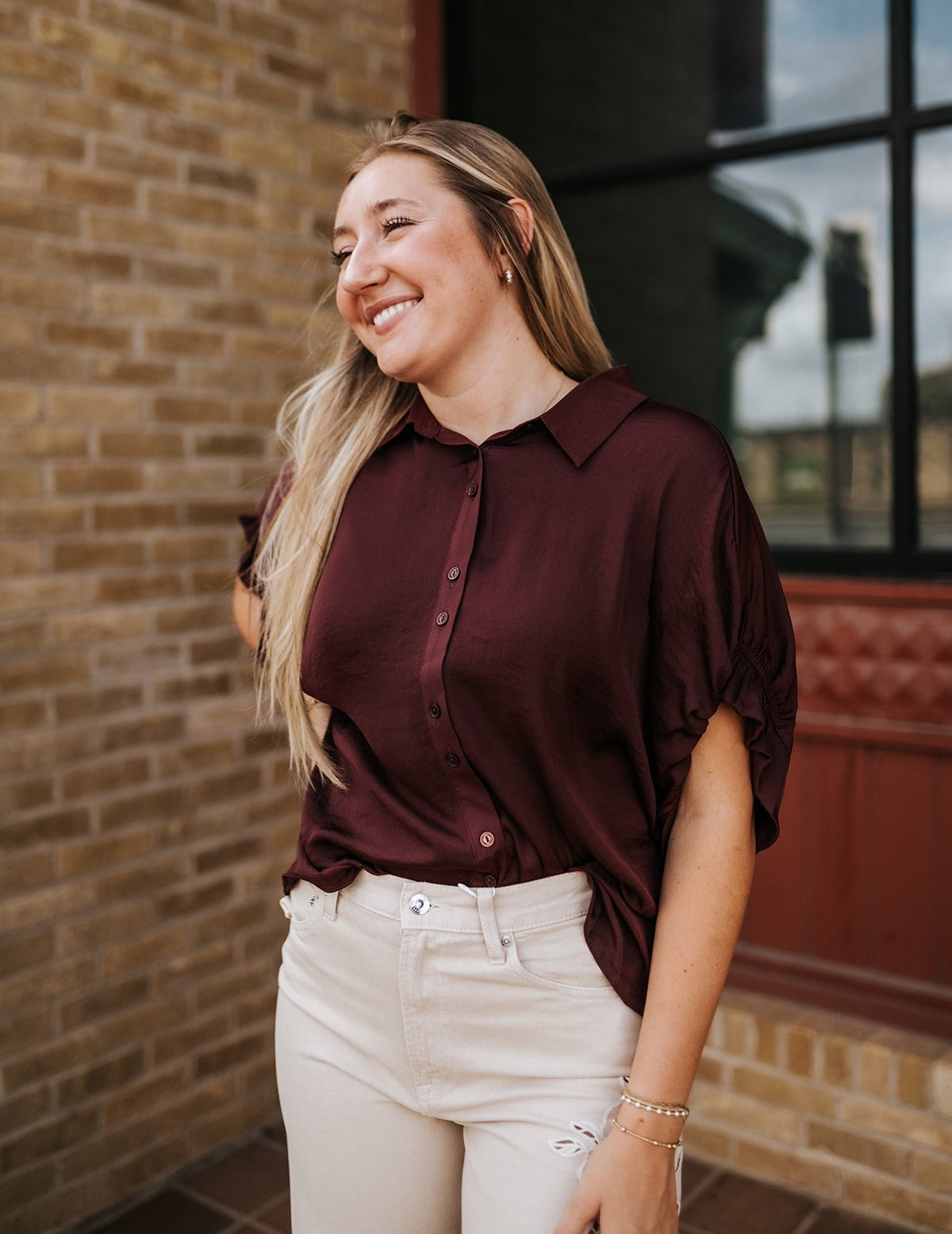 Wine Ruffle Sleeve Button-up Blouse VB9211 - Southern Soule Designs