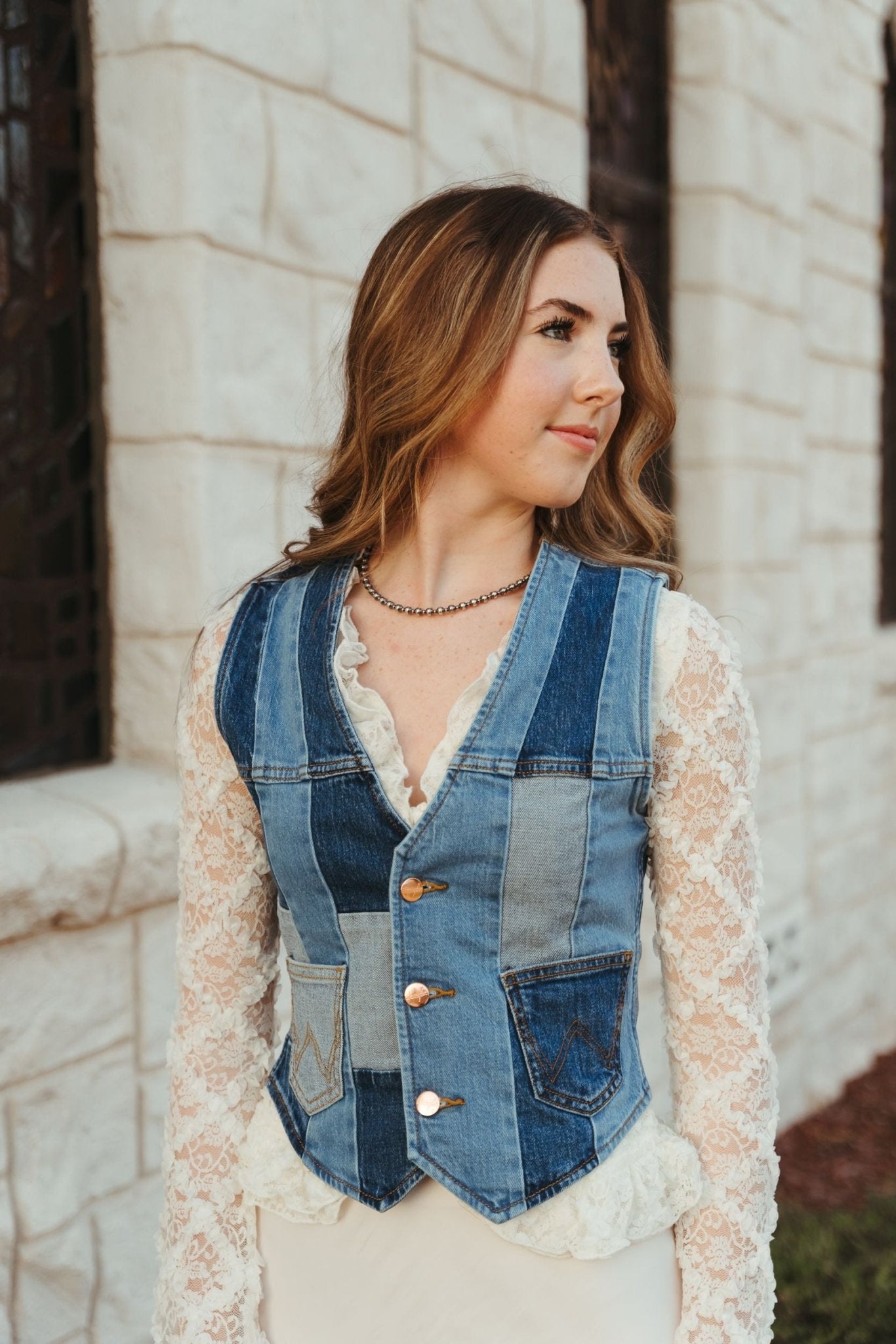 WMS Wrangler X Lainey Wilson Patchwork Vest in Patchwork Blue 112360674 - Southern Soule Designs