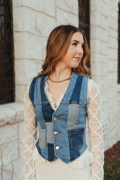 WMS Wrangler X Lainey Wilson Patchwork Vest in Patchwork Blue