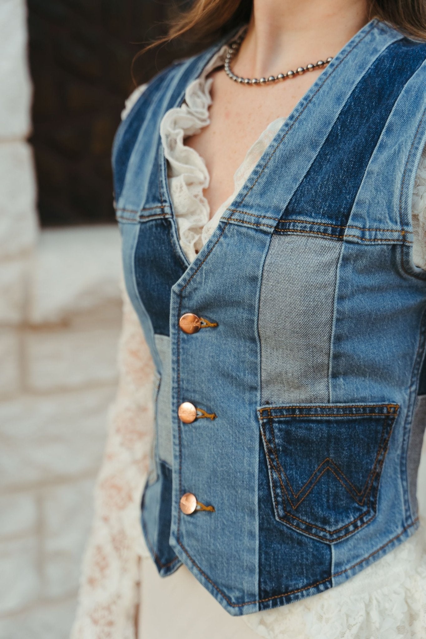 WMS Wrangler X Lainey Wilson Patchwork Vest in Patchwork Blue 112360674 - Southern Soule Designs