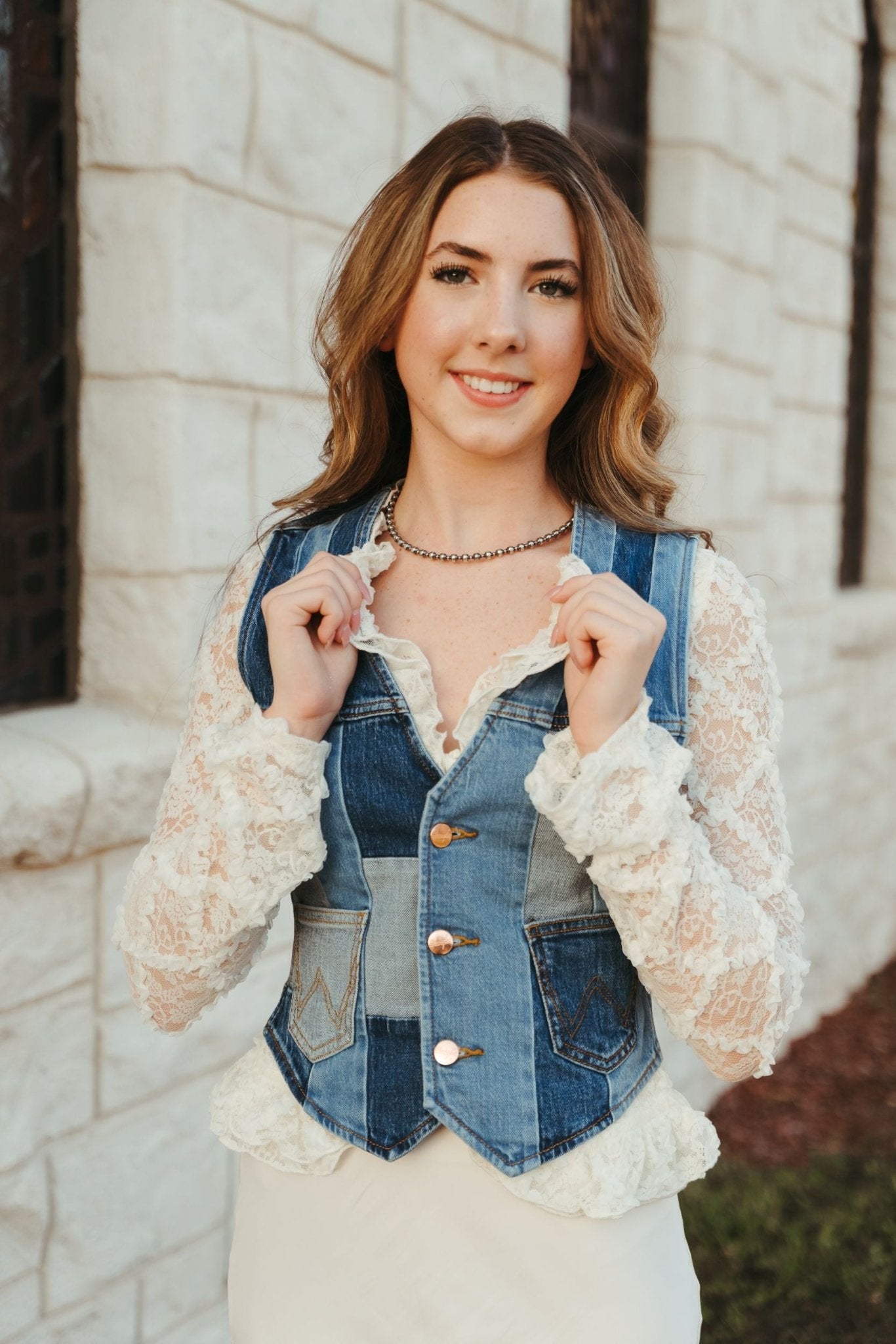 WMS Wrangler X Lainey Wilson Patchwork Vest in Patchwork Blue 112360674 - Southern Soule Designs