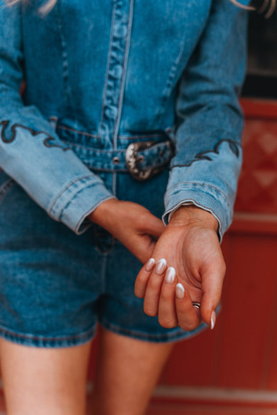 Women's Medium Wash Retro Denim Romper BWR2D06097 - Southern Soule Designs