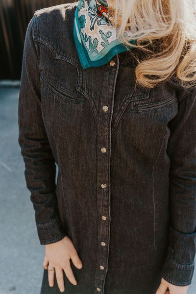 Wrangler Scallop Yoke Denim Western Snap Shirt Dress 112356662 - Southern Soule Designs