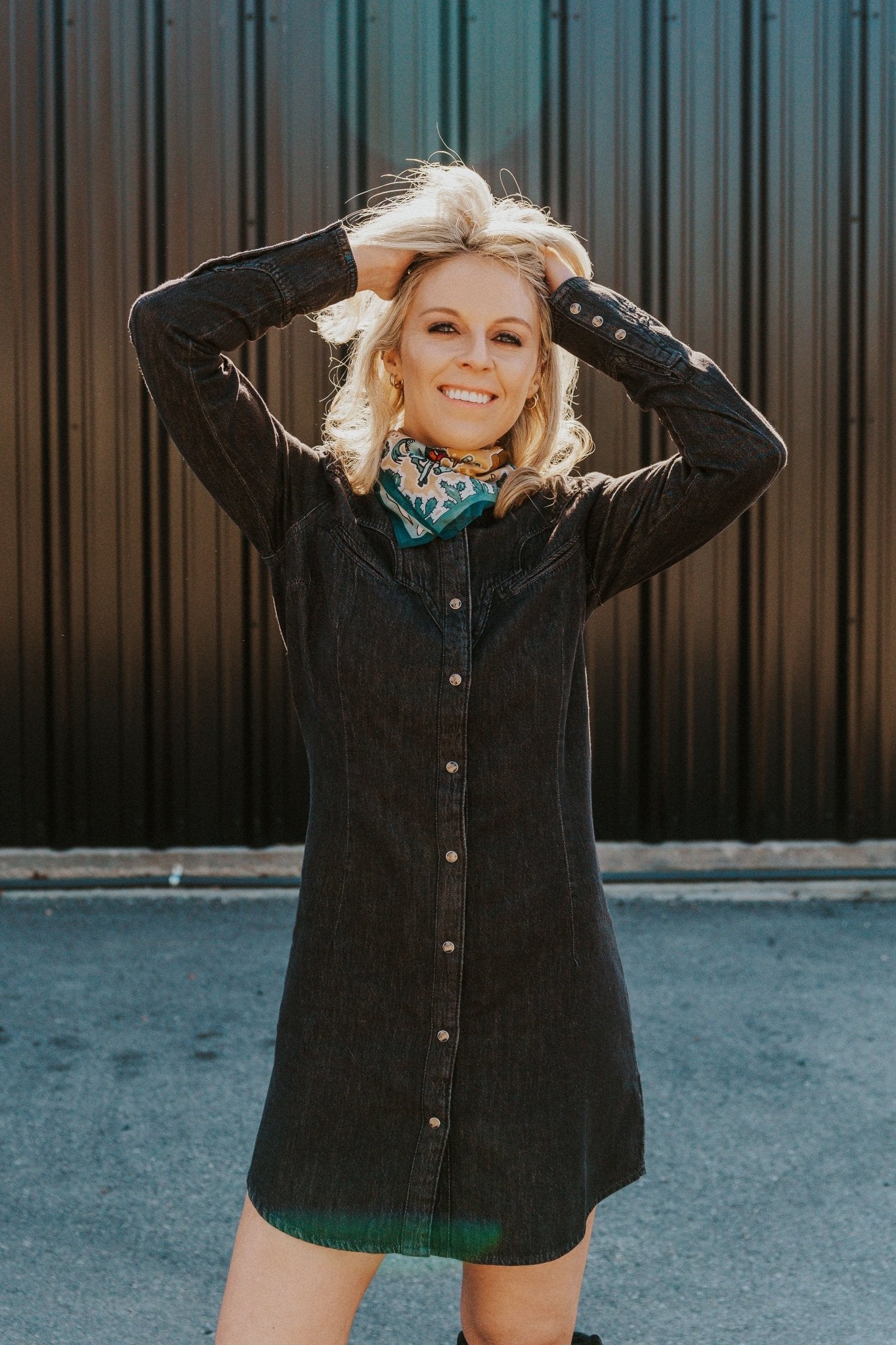 Wrangler Scallop Yoke Denim Western Snap Shirt Dress 112356662 - Southern Soule Designs