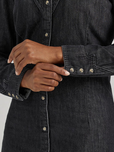 Wrangler Scallop Yoke Denim Western Snap Shirt Dress 112356662 - Southern Soule Designs