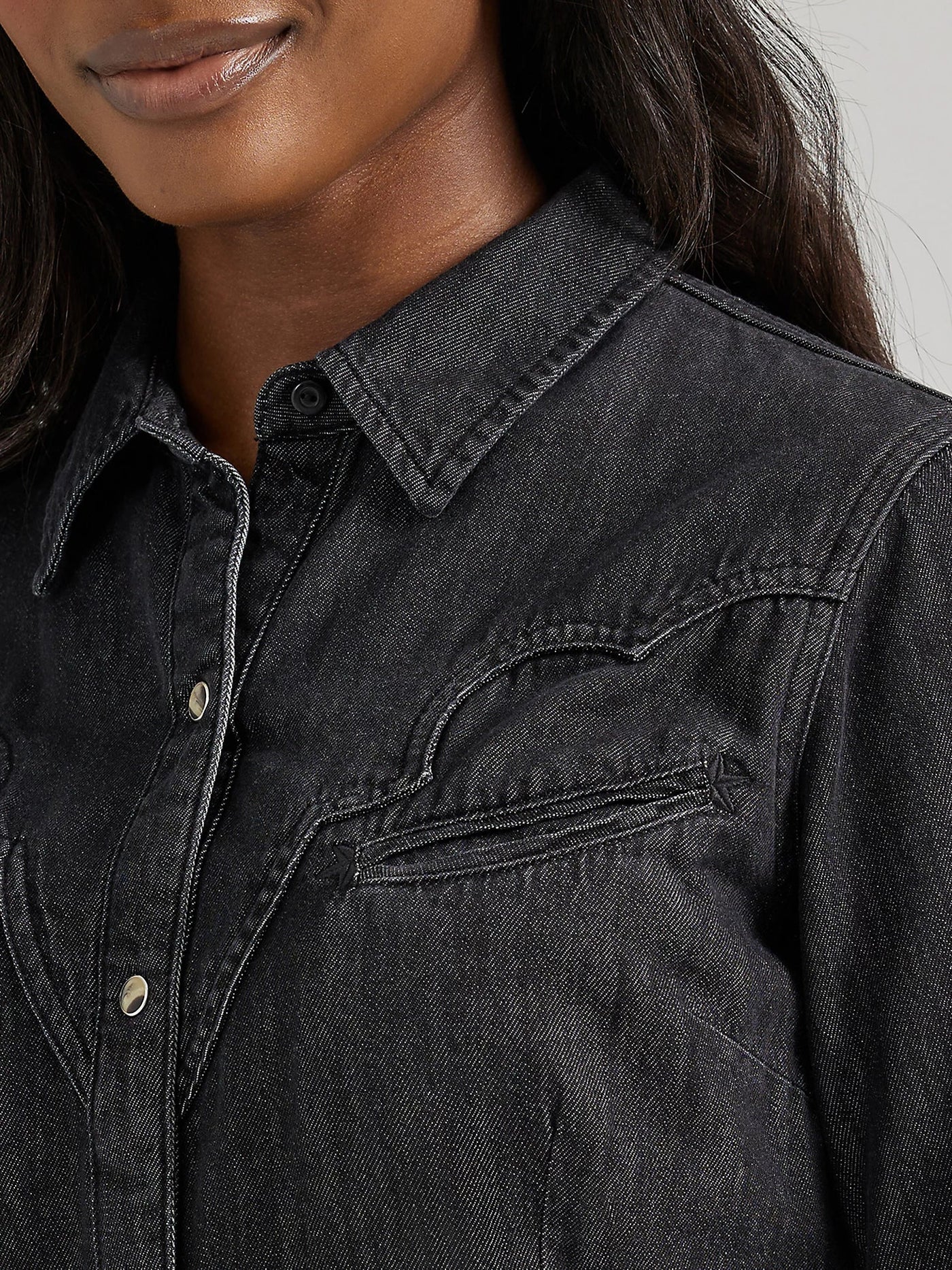 Wrangler Scallop Yoke Denim Western Snap Shirt Dress 112356662 - Southern Soule Designs