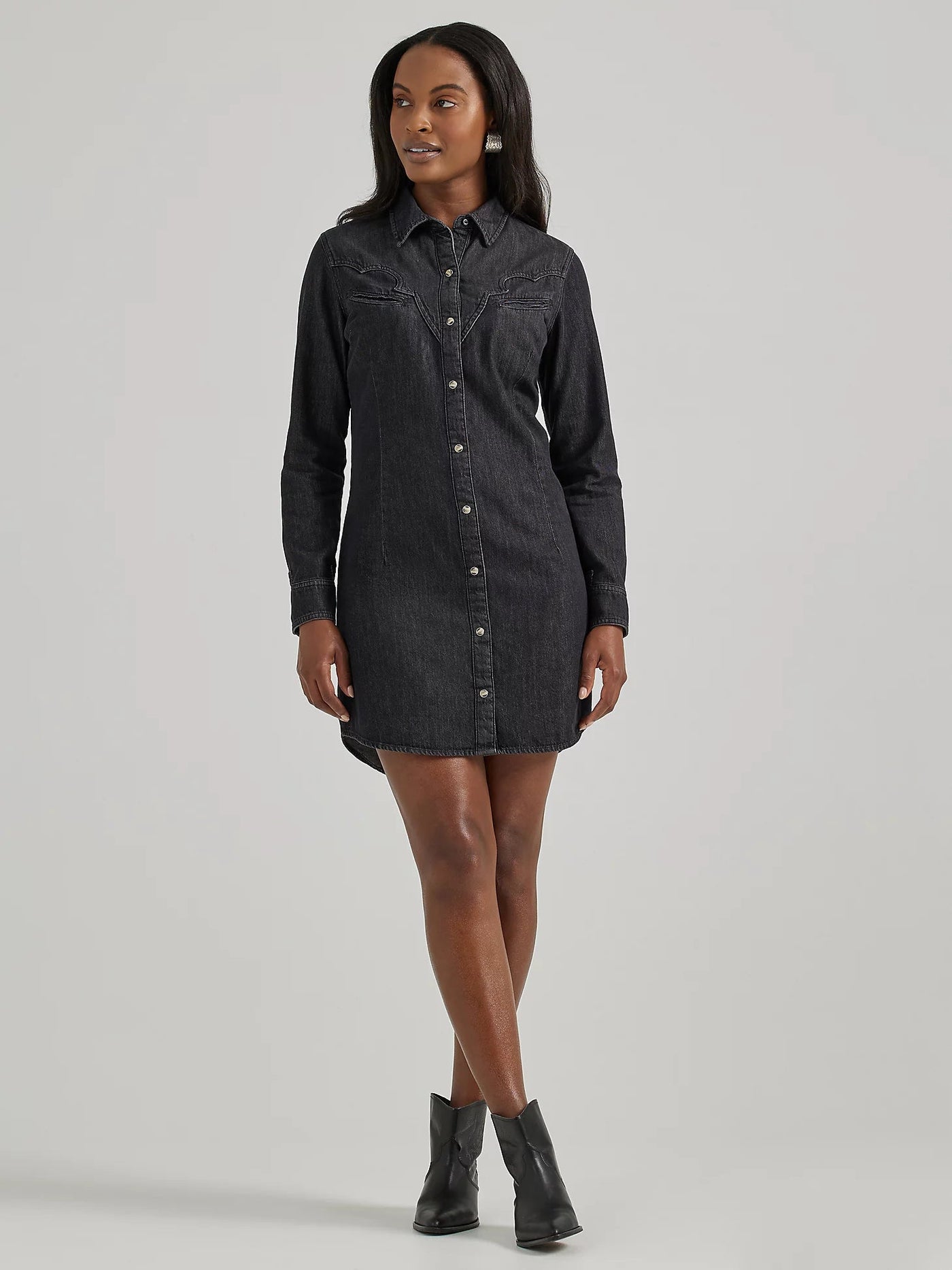 Wrangler Scallop Yoke Denim Western Snap Shirt Dress 112356662 - Southern Soule Designs