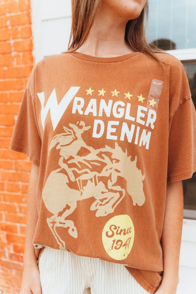 Wrangler Women's Acid Wash Graphic Oversized Tee Free Caramel 112361885 - Southern Soule Designs