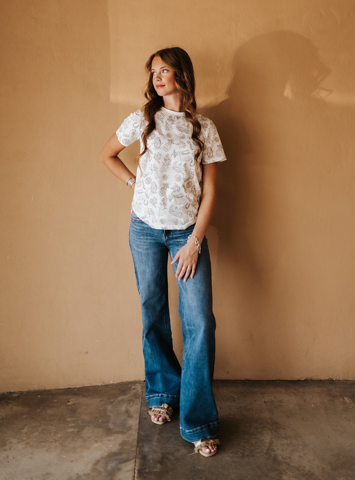 Wrangler Women's All Over Print Slim Tee Cream Lasso 112379509 - Southern Soule Designs