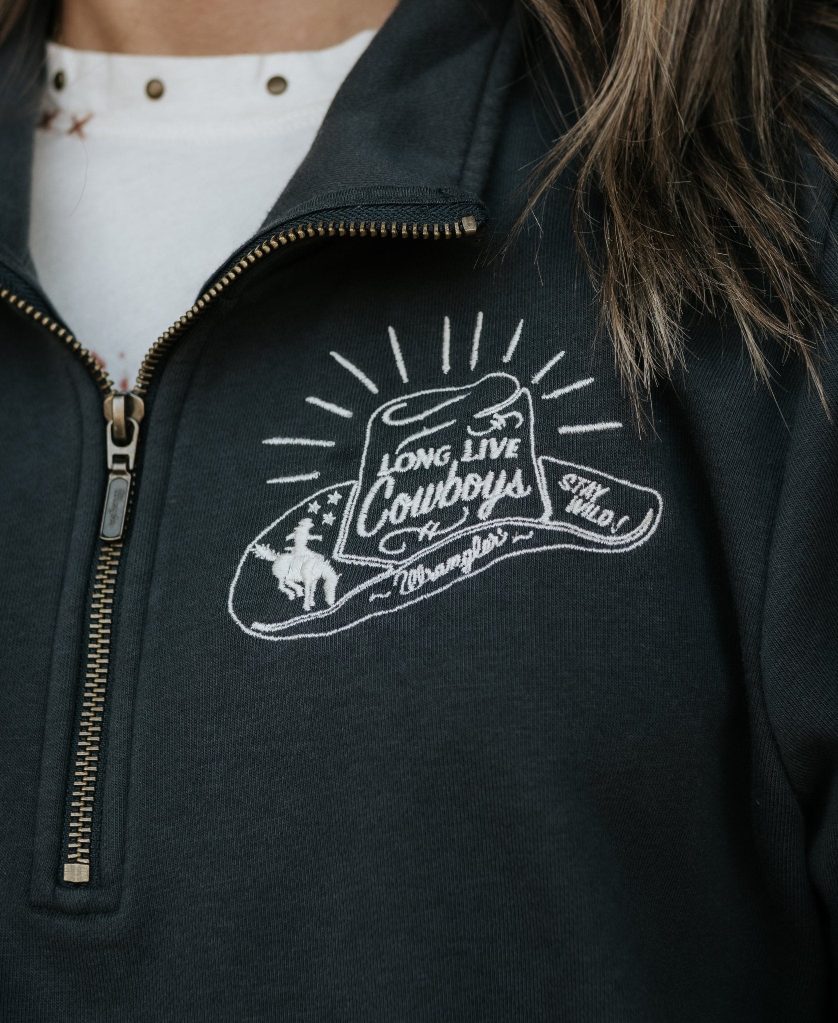 Wrangler Women's Long Live Cowboys Quarter Zip Pullover in Black 112361176 - Southern Soule Designs