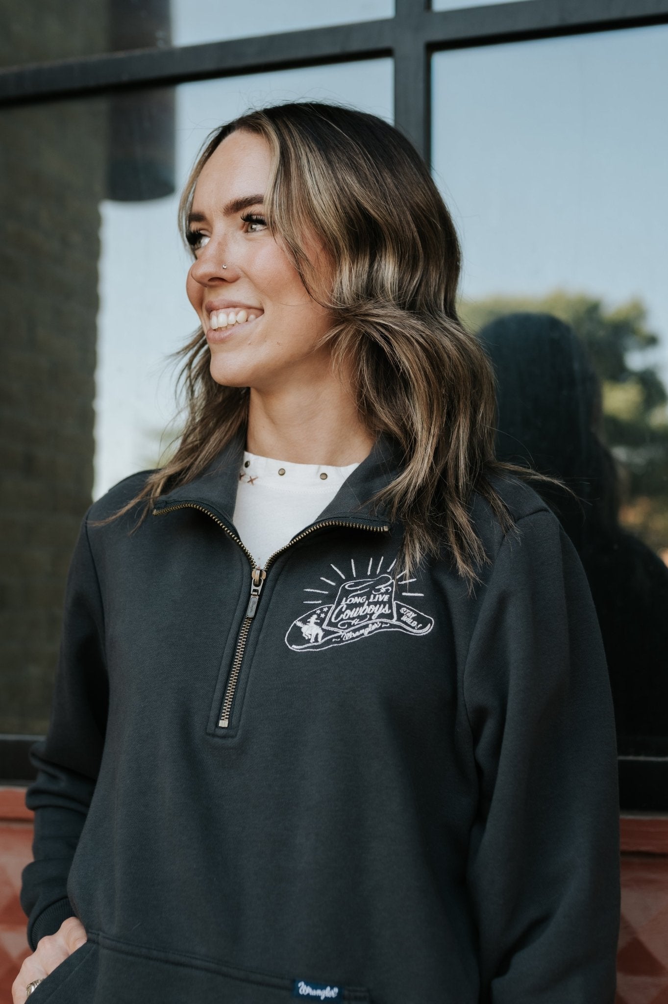 Wrangler Women's Long Live Cowboys Quarter Zip Pullover in Black 112361176 - Southern Soule Designs