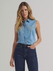Wrangler Women's Saddle Embroidered Denim Sleeveless Snap Shirt 112379487 - Southern Soule Designs