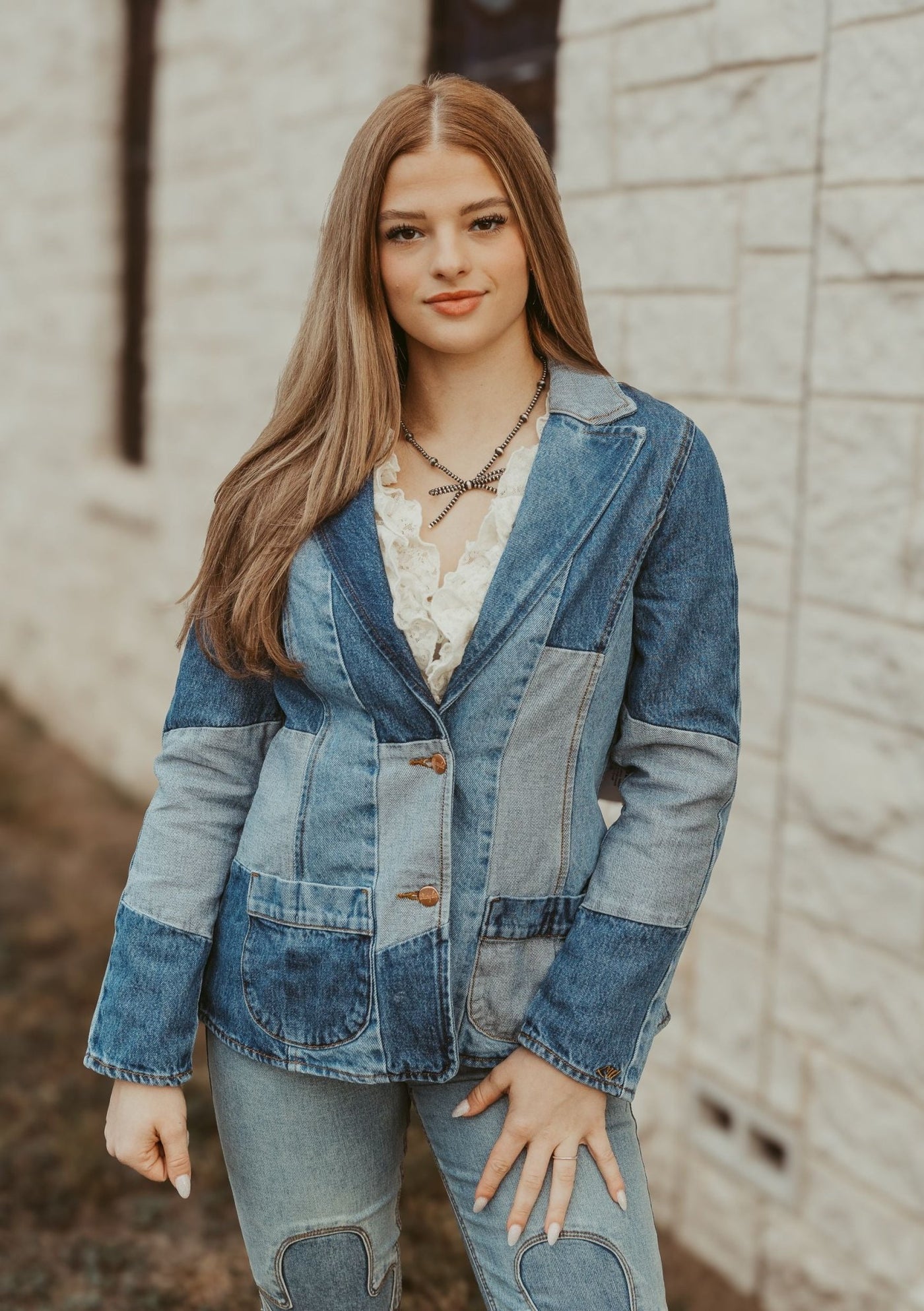 Wrangler X Lainey Wilson Patchwork Blazer in Patchwork Blue 112360673 - Southern Soule Designs