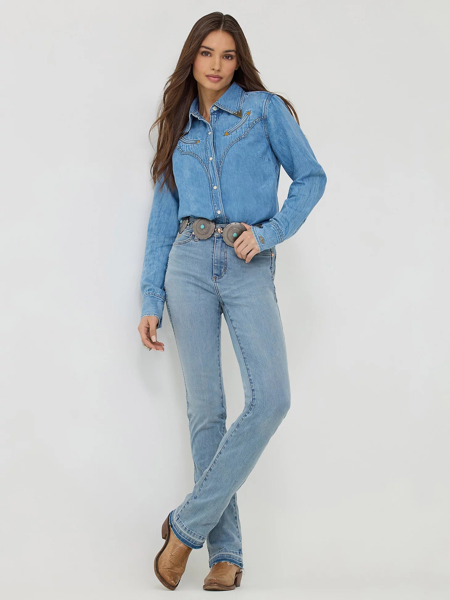 Wrangler X Lainey Wilson Raw Hem Boot Huggers in Sky Wash