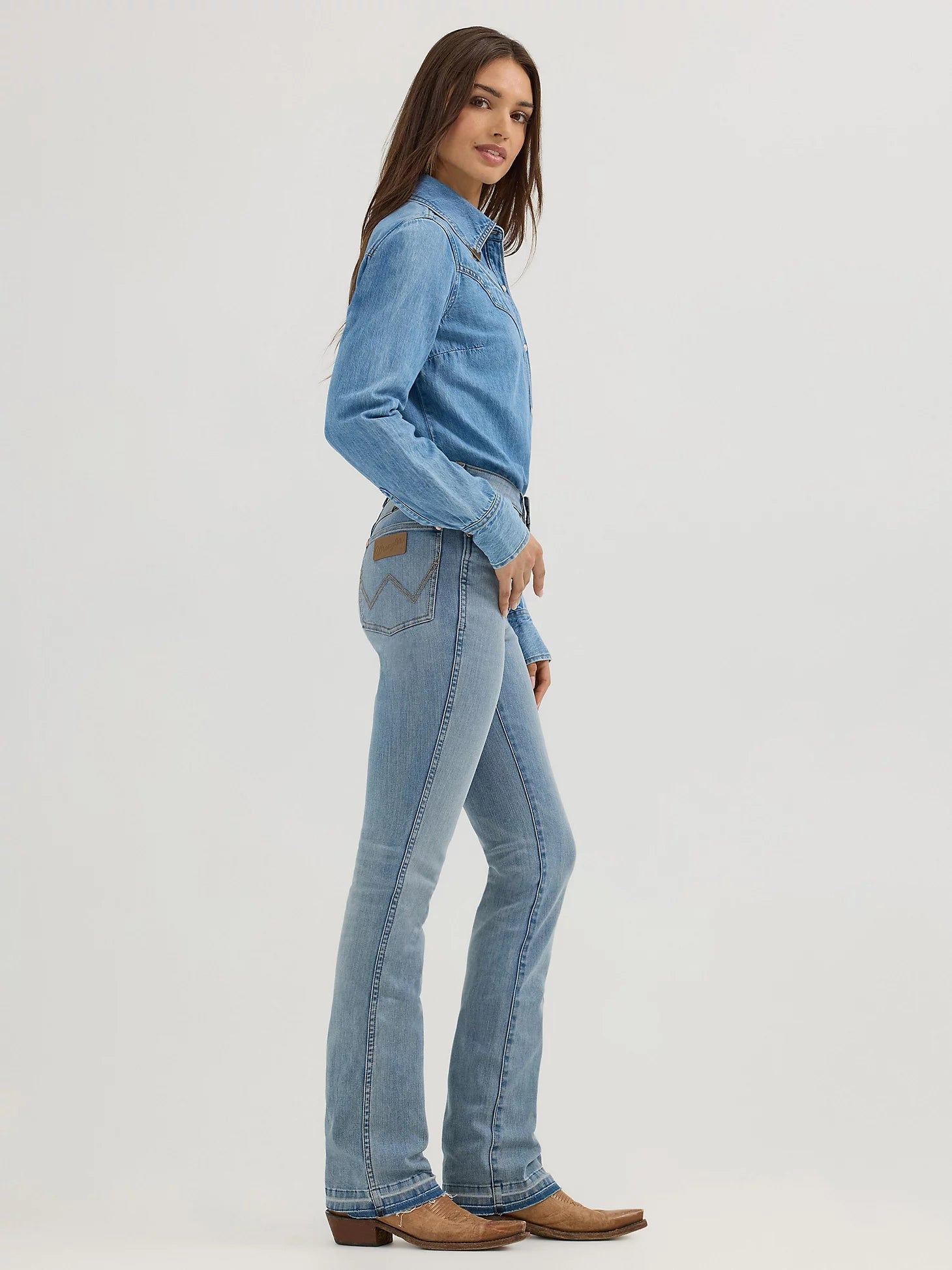 Wrangler X Lainey Wilson Raw Hem Boot Huggers in Sky Wash