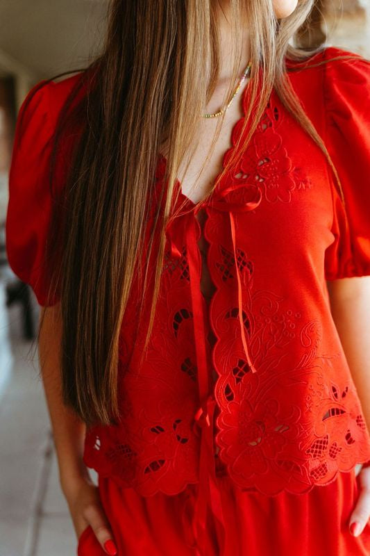 Red Scallop Embroidery Lace Up Top T25812