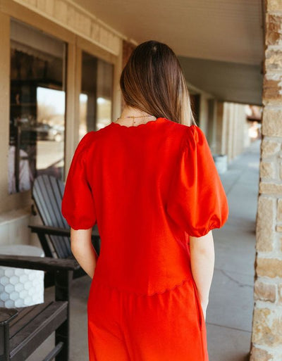 Red Scallop Embroidery Lace Up Top T25812