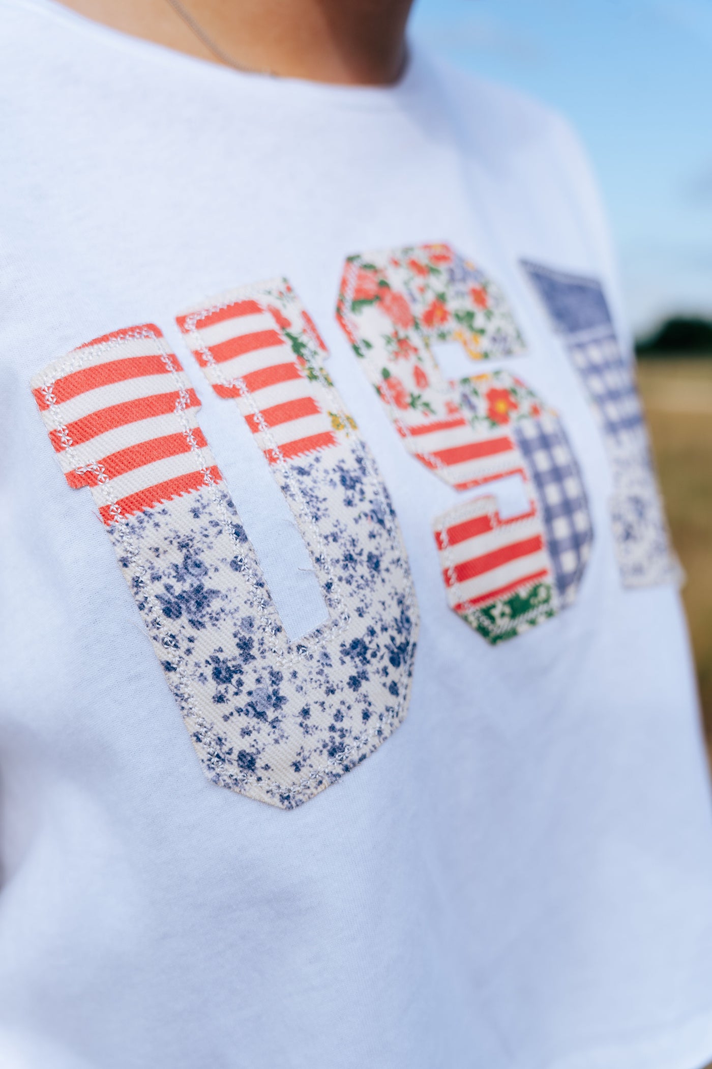 USA Patchwork Detail Short Sleeve Crop Top IKT39738-03