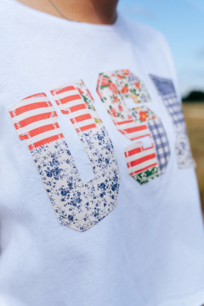 USA Patchwork Detail Short Sleeve Crop Top IKT39738-03