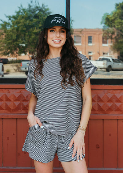 Black Striped French Terry Top and Shorts Set IST17550