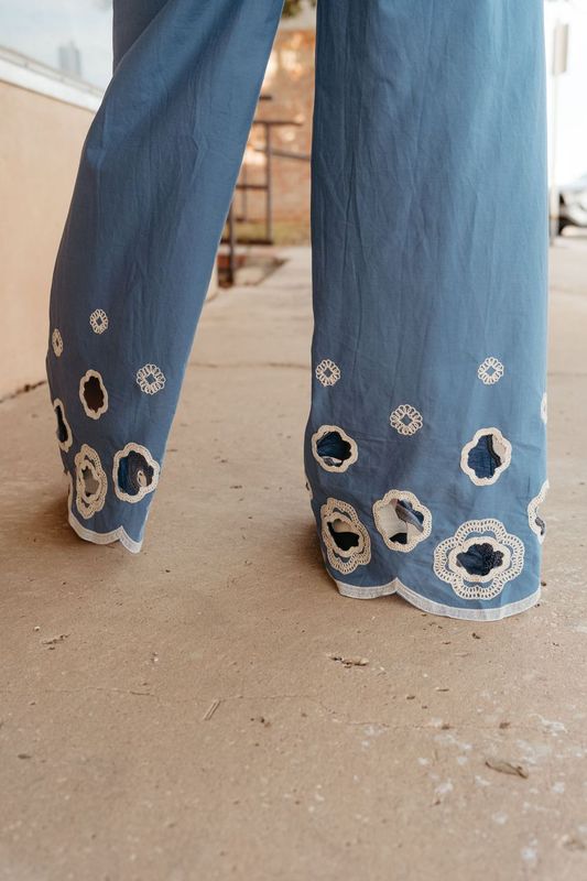 Blue High Waist Scallop Design Pants P26324