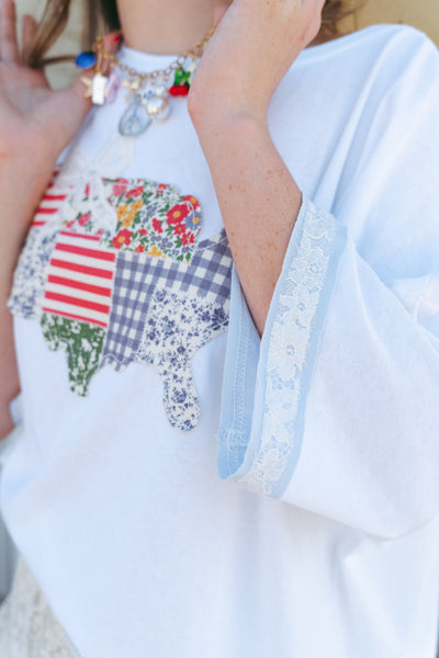 America Lace Detail Oversized T-Shirt IKT39818-03