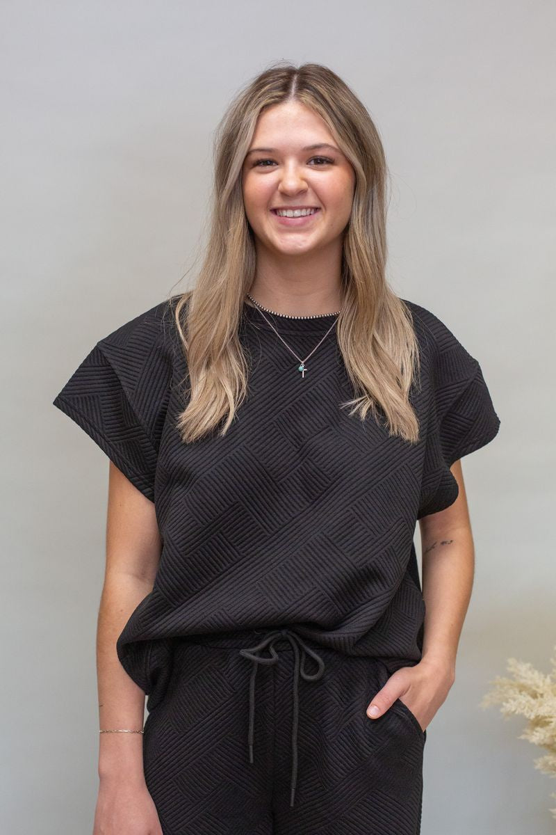 Black Athleisure Woven SS Top