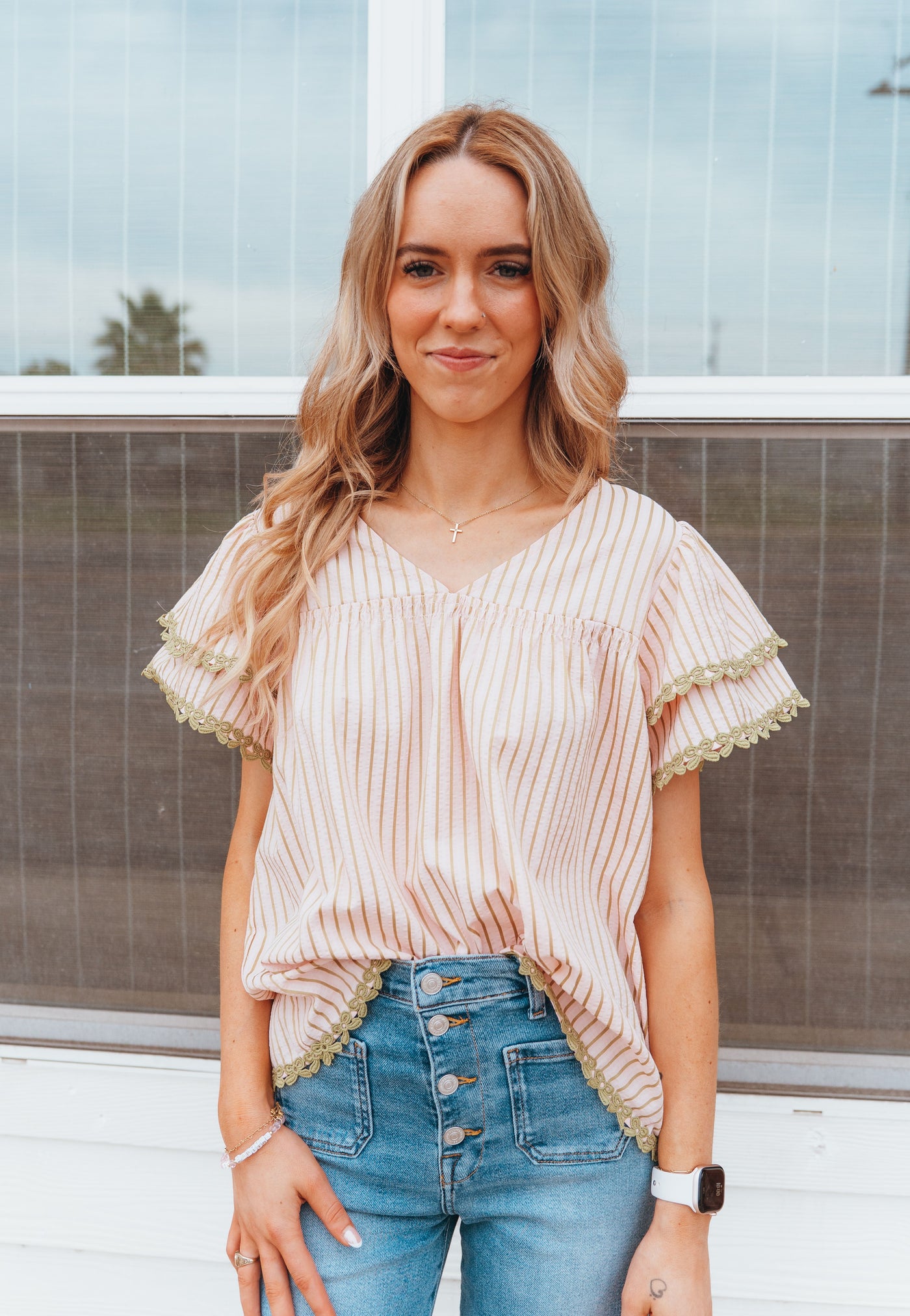 Pink Olive Striped Flutter Sleeve Top IT18183