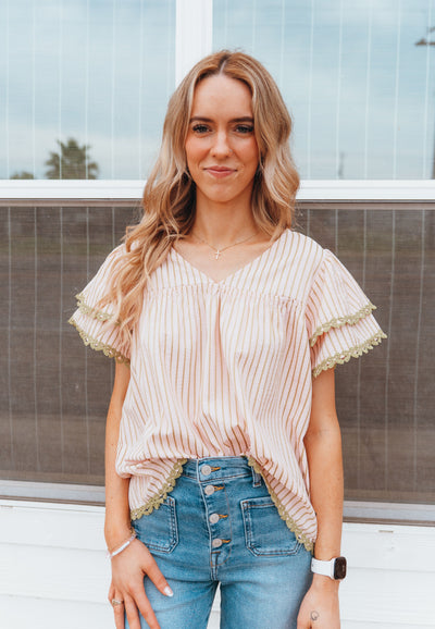 Pink Olive Striped Flutter Sleeve Top IT18183