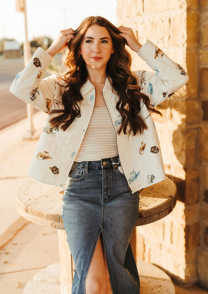 Western Quilted Zip Up Jacket Off White 36307J