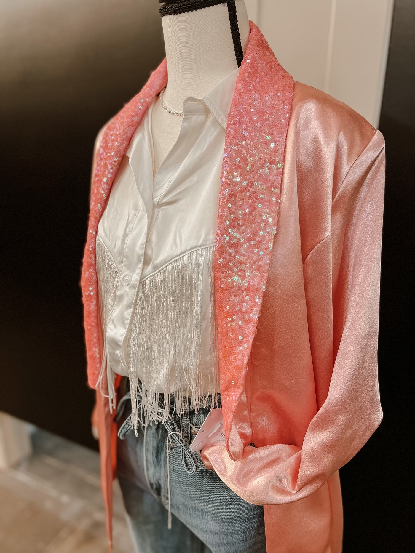 Pink Satin Sequin Collar Blazer