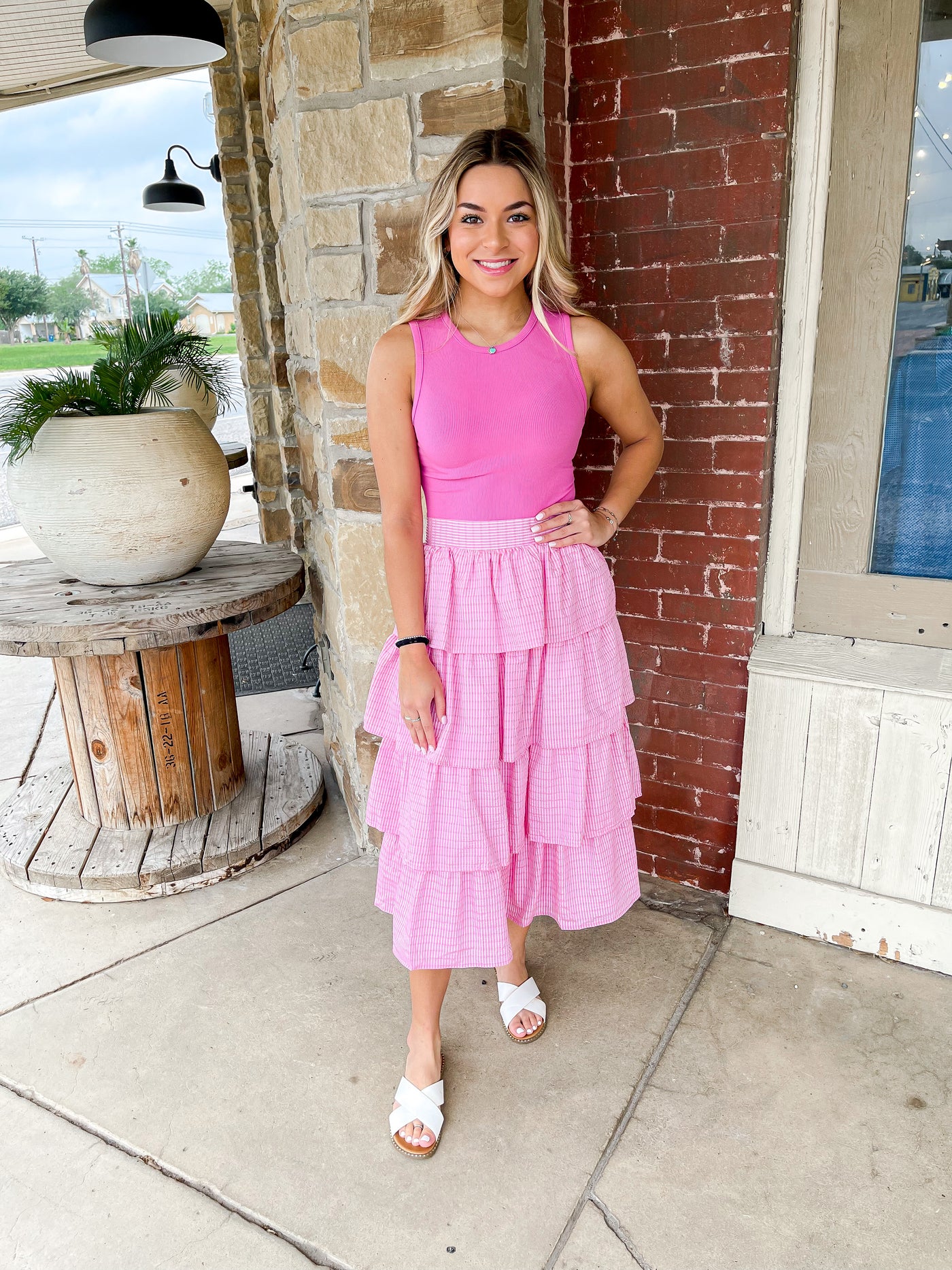 Pink Long Tiered Stripe Skirt