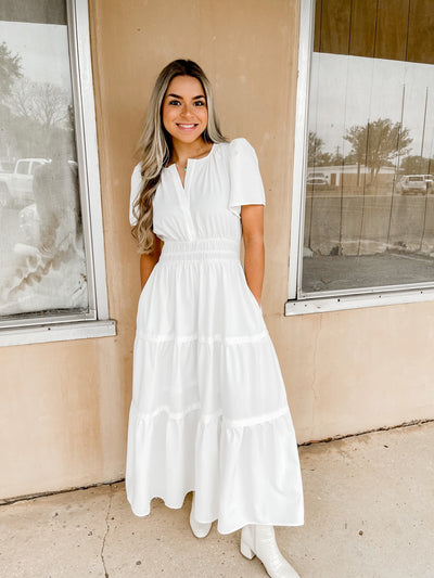 White Short Sleeve Tiered Dress
