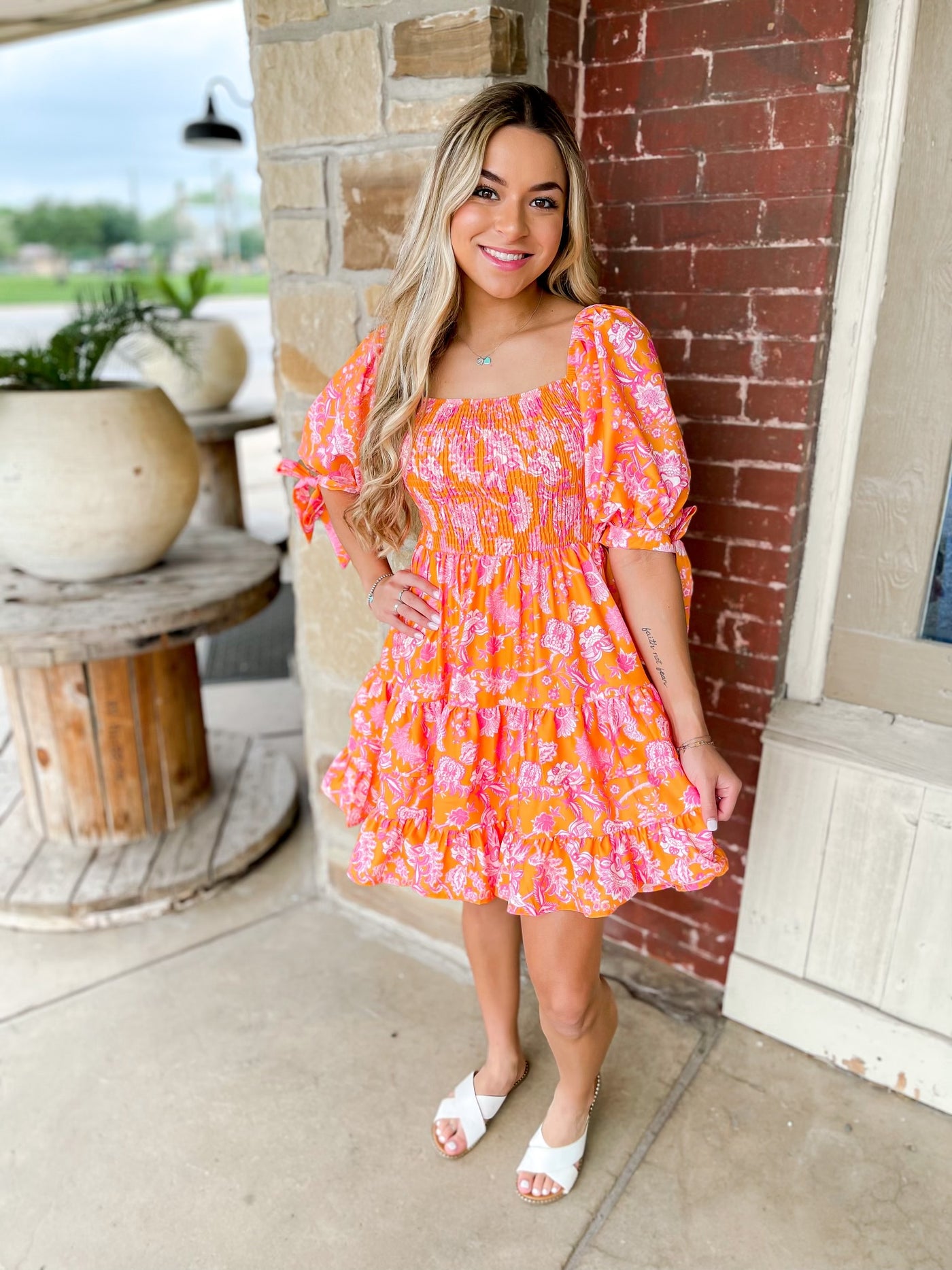 Pink Orange Dress with Sleeve Bows