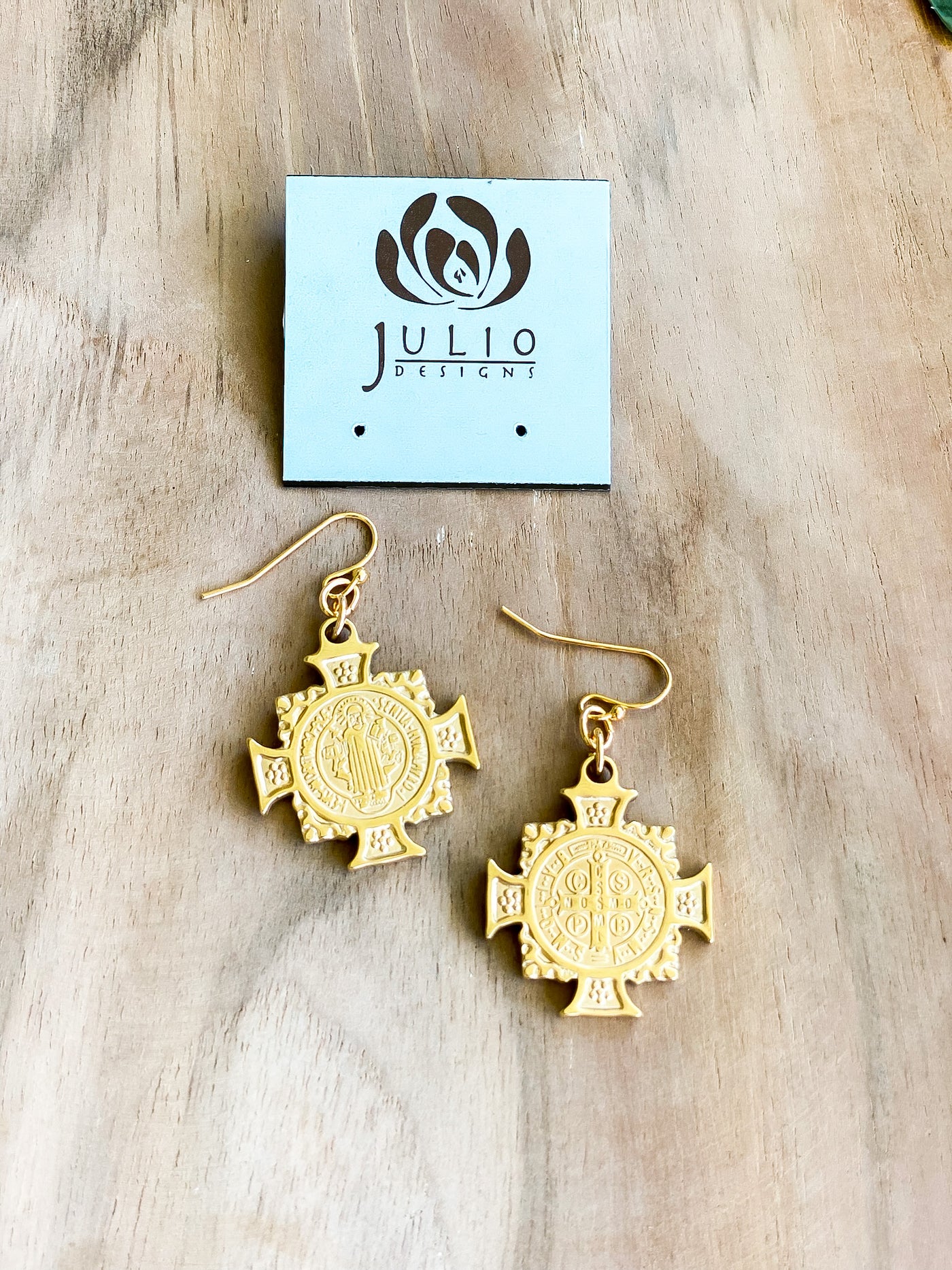 Julio Designs Gold St. Benedictine Cross Earrings